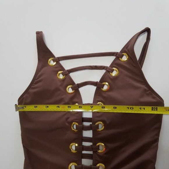 Bleu Rod Beattie Hole In One Plunge One Piece Swimsuit Brown/Gold Size 4 - Picture 3 of 10